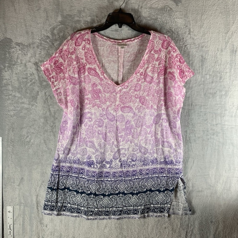 J Jill Women's Top XL Love Linen 100% Tunic Ombre Short Sleeve Paisley